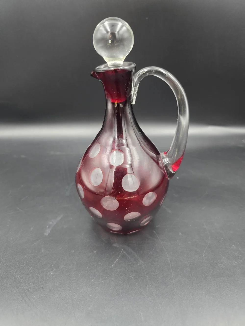Handcrafted Ruby Red Polka Dot Glass Cruet with Clear Handle and Stopper
